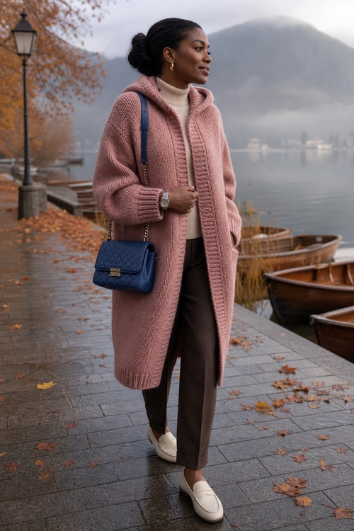 Dusty Rose Cardigan Outfit A woman wears a dusty rose long knit cardigan over a cream turtleneck with brown trousers, white loafers, and a navy shoulder bag.
