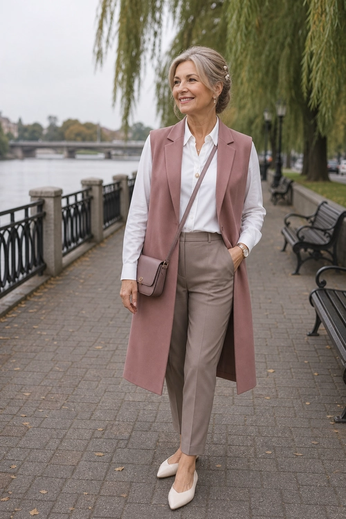 Dusty Rose Vest and White Shirt Outfit A woman wears a dusty rose long tailored vest over a white button-down shirt with taupe trousers, white pointed flats, and a brown crossbody bag.