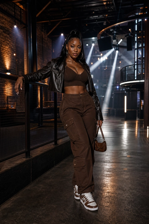 Edgy Brown Cargo Outfit A woman wears a black cropped leather jacket, brown crop top, brown cargo pants, and white-and-brown sneakers while carrying a small brown handbag.