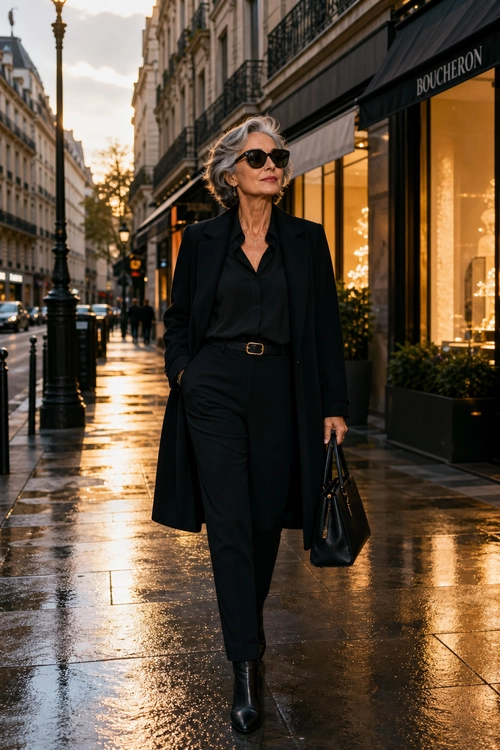 Elegant All-Black City Look A woman in a long black coat, black blouse, tailored trousers, ankle boots, sunglasses, and a structured handbag walks along a wet city street.