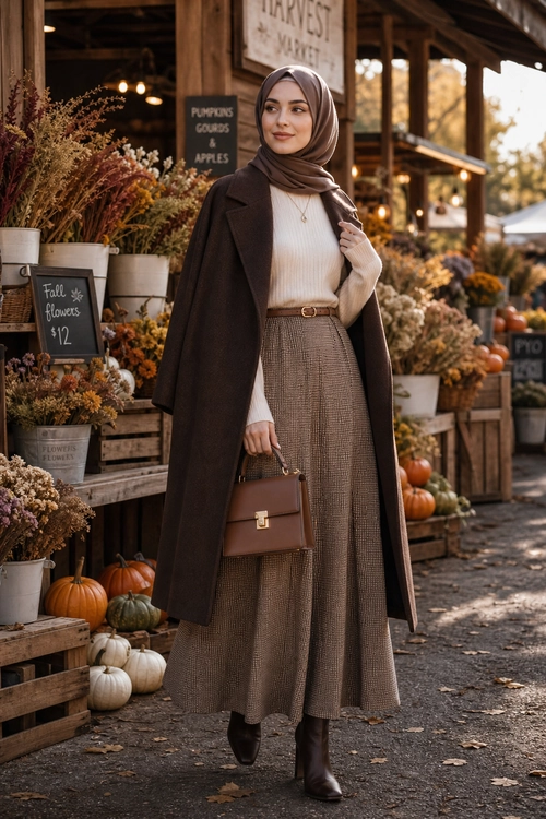 Elegant Autumn Market Outfit A woman wears a brown hijab, long dark brown coat, cream ribbed top, checked midi skirt, brown handbag, and dark boots at an outdoor market.