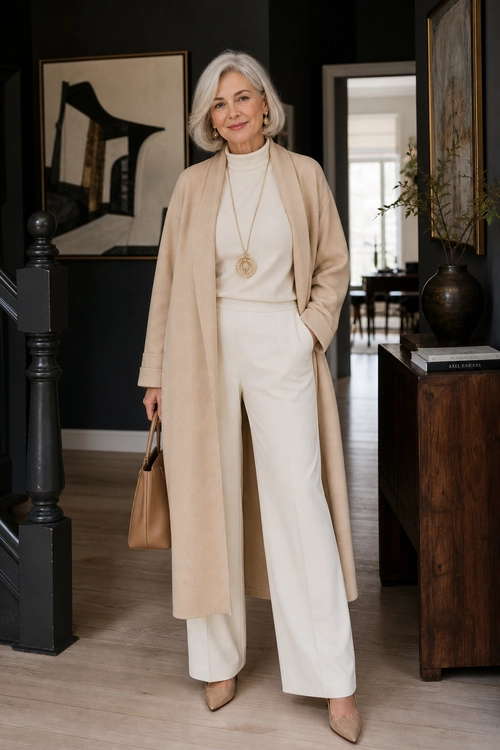 Elegant Beige Layered Outfit A woman wears a long beige coat over a cream turtleneck and wide-leg trousers with pointed-toe heels, a brown tote, and gold jewelry.