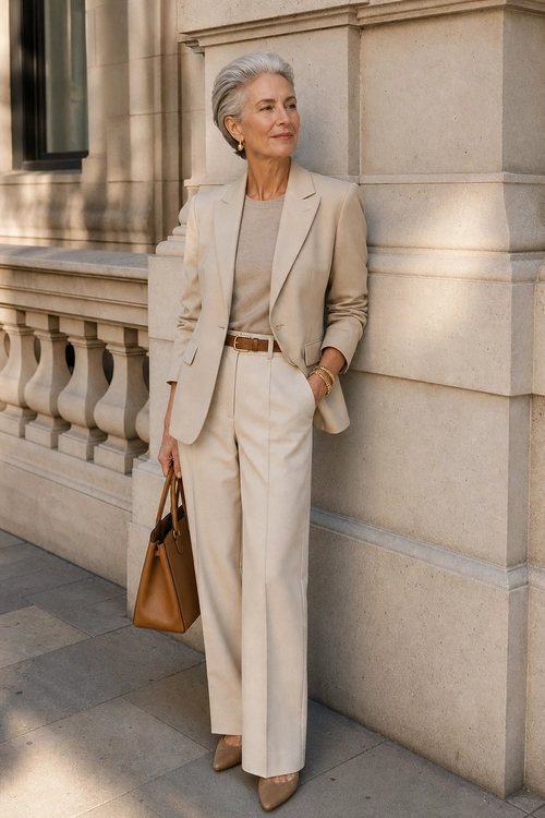 Elegant Beige Tailored Suit A woman wearing a beige blazer, neutral top, wide-leg trousers, brown belt, pointed-toe shoes, and carrying a brown leather tote beside a stone building.