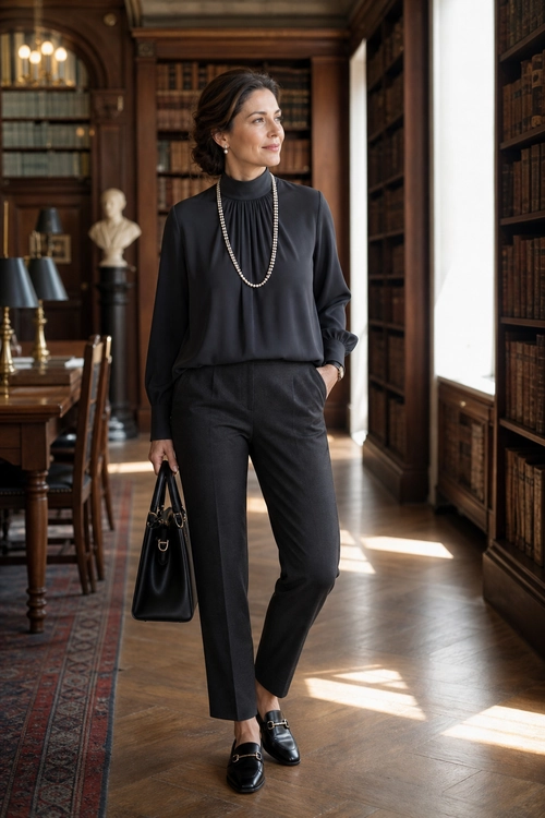 A person wears a black high-neck blouse, tailored trousers, loafers, a long pearl necklace, and carries a black handbag.