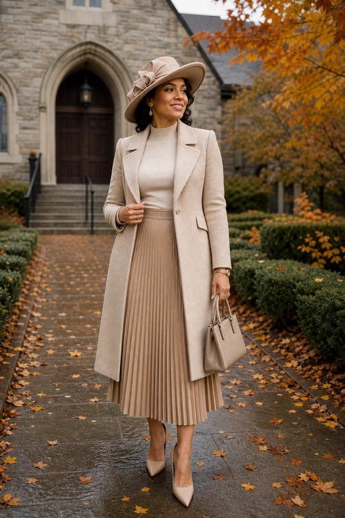 Elegant Neutral Autumn Outfit A woman wears a beige tailored coat over a cream high-neck top and pleated midi skirt, styled with a wide-brim hat, pointed heels, and a structured handbag.