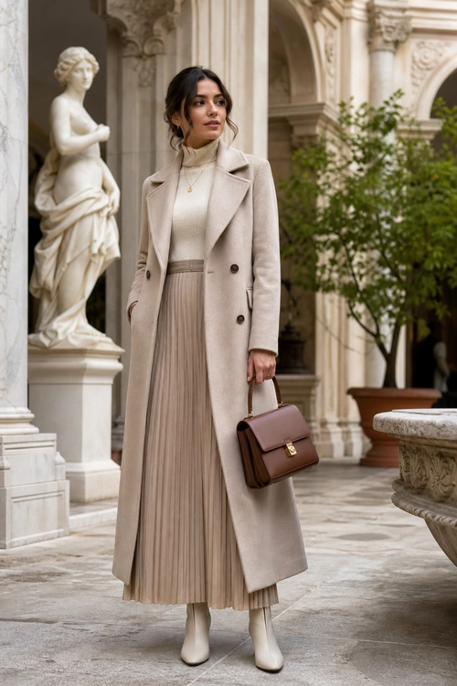 A woman wears a long beige tailored coat over a cream turtleneck and pleated taupe skirt with cream ankle boots and a brown handbag.