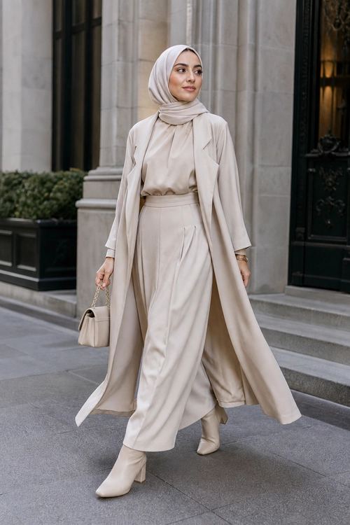 Elegant Neutral Modest Outfit Woman wearing a beige hijab, long open coat, blouse, flowing high-waisted bottoms, ankle boots, and a small handbag.