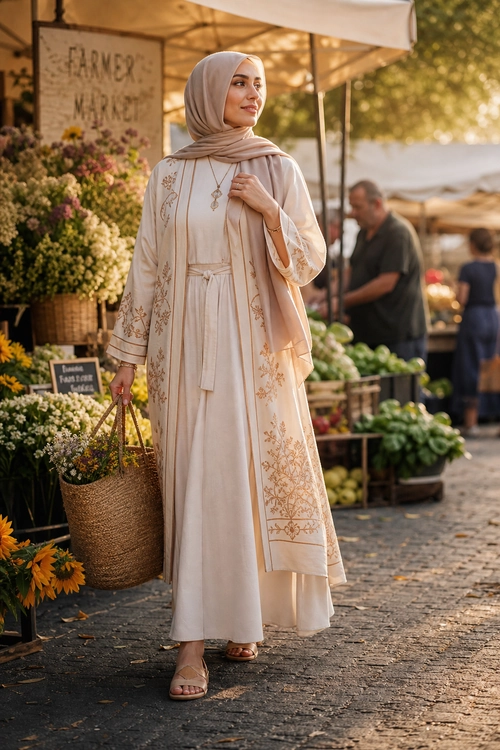 Embroidered Cream Abaya Look A woman wearing a flowing cream embroidered abaya, matching hijab, and flat sandals at an outdoor market.