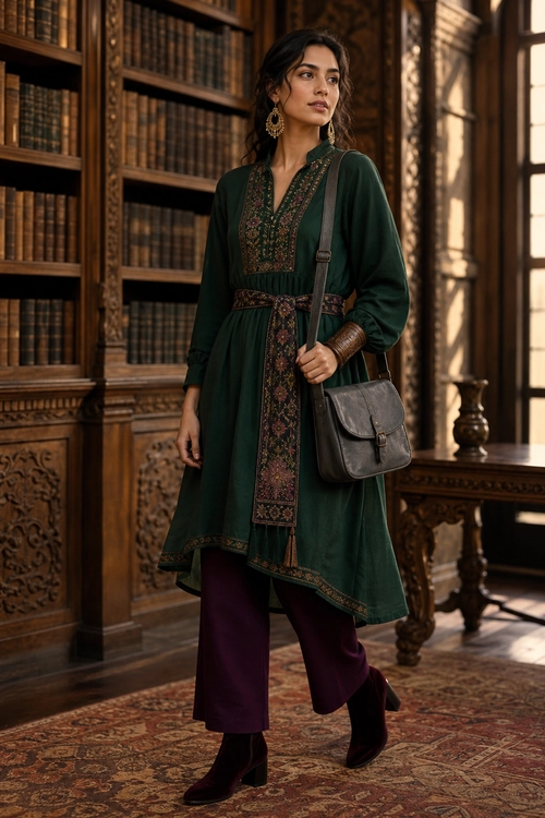 Embroidered Green Tunic Outfit A woman wears a dark green embroidered tunic with burgundy trousers, dark ankle boots, and a brown leather crossbody bag.