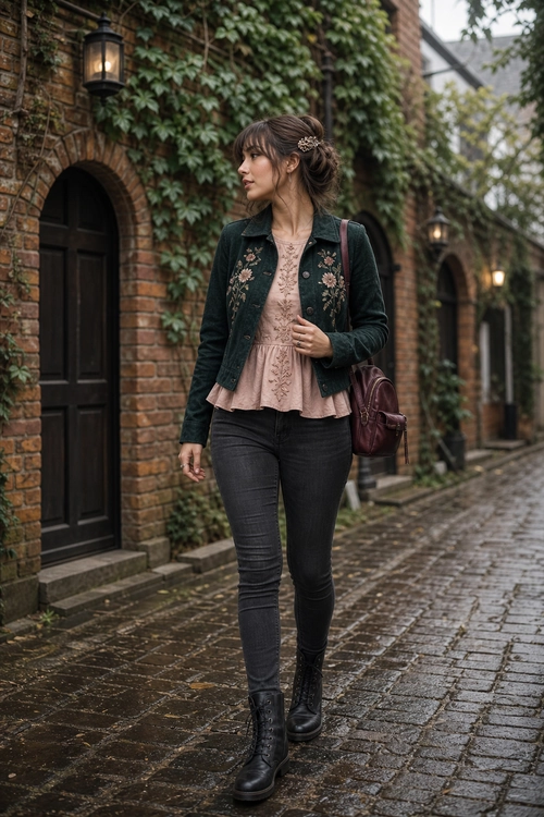 Embroidered Jacket and Pink Blouse Outfit A woman wears a dark green embroidered jacket over a blush pink blouse with black skinny jeans, lace-up boots, and a burgundy shoulder bag.