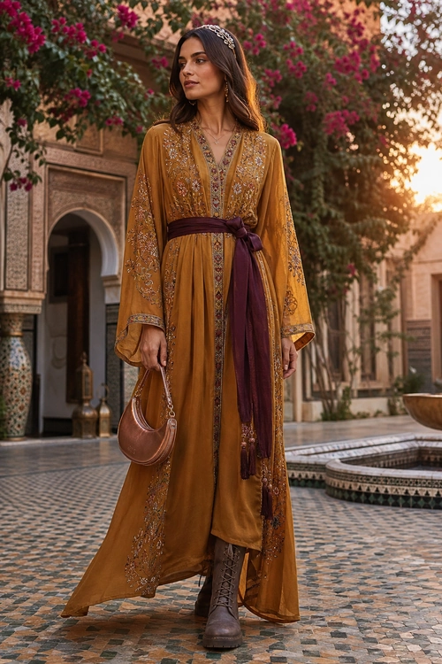 Embroidered Mustard Kaftan Outfit A woman wears a long mustard embroidered kaftan with a burgundy sash, brown ankle boots, a small brown shoulder bag, and a jeweled headband.