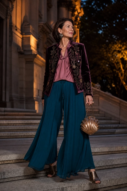 A woman wears a burgundy embroidered velvet jacket over a mauve blouse with flowing teal wide-leg trousers, metallic footwear, earrings, and a shell-shaped handbag.