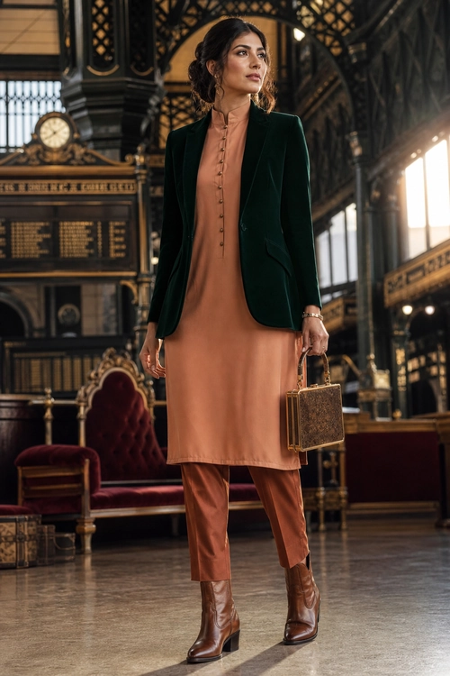Emerald Blazer and Rust Tunic Outfit A woman wears a dark green blazer over a rust button-front tunic with matching trousers, brown ankle boots, and a structured box handbag.