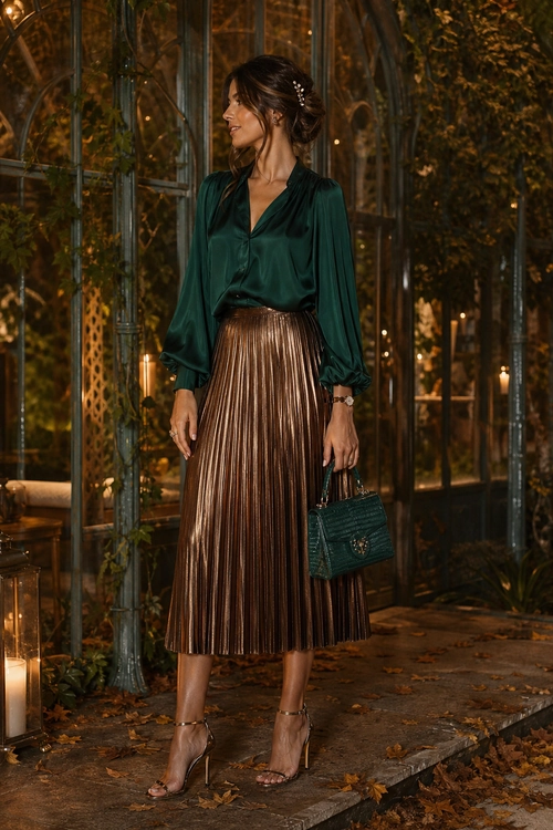 A woman wears an emerald green satin blouse with voluminous sleeves, a bronze metallic pleated midi skirt, strappy heels, and a dark green handbag.