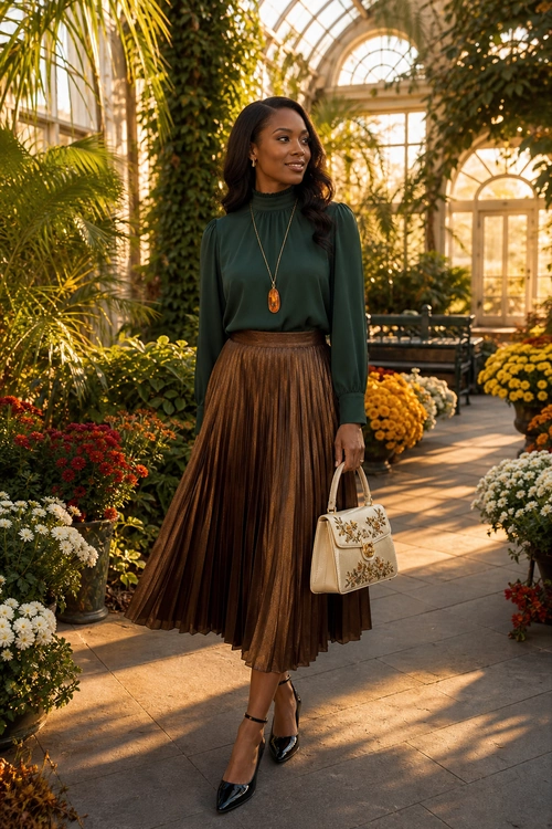 Emerald Blouse and Pleated Brown Skirt A woman wears a dark green high-neck blouse with a brown pleated midi skirt, black pointed heels, and a cream handbag.