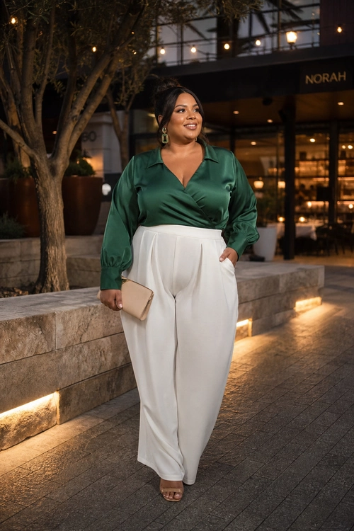 A woman wears a deep green long-sleeve blouse with white wide-leg trousers, a beige clutch, drop earrings, and nude open-toe sandals.