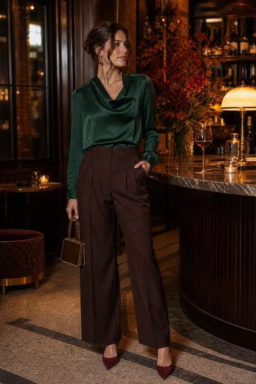 Emerald Blouse with Wide-Leg Trousers A woman wears an emerald green satin blouse with brown high-waisted wide-leg trousers, burgundy pointed heels, drop earrings, and a structured handbag.