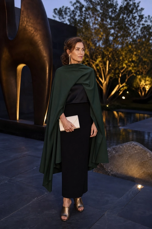 Emerald Cape and Black Evening Dress A woman wears a dark green cape over a long black dress with metallic heeled sandals and a cream clutch.