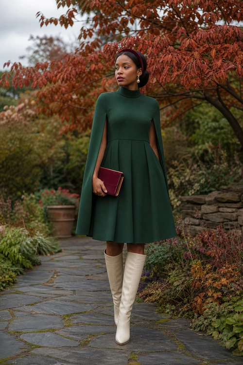 Emerald Cape-Sleeve Dress Look A woman wears a dark green high-neck cape-sleeve midi dress with cream knee-high boots and a burgundy clutch in an autumn garden.