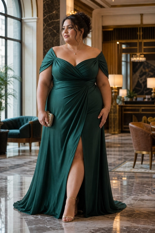 A woman wears an emerald green draped floor-length evening gown with a thigh-high slit, nude strappy heels, and a metallic clutch.