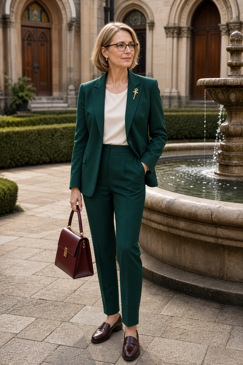 Emerald Green Tailored Suit Outfit A woman wears a dark green tailored suit with a cream blouse, burgundy handbag, burgundy loafers, and eyeglasses.