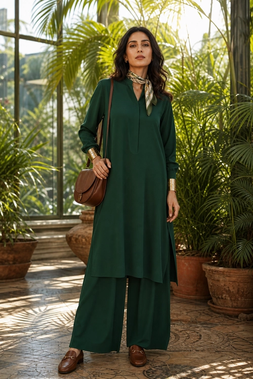 A woman wears an emerald green tunic with matching wide-leg pants, a patterned neck scarf, brown shoulder bag, metallic cuff bracelets, and brown leather shoes.