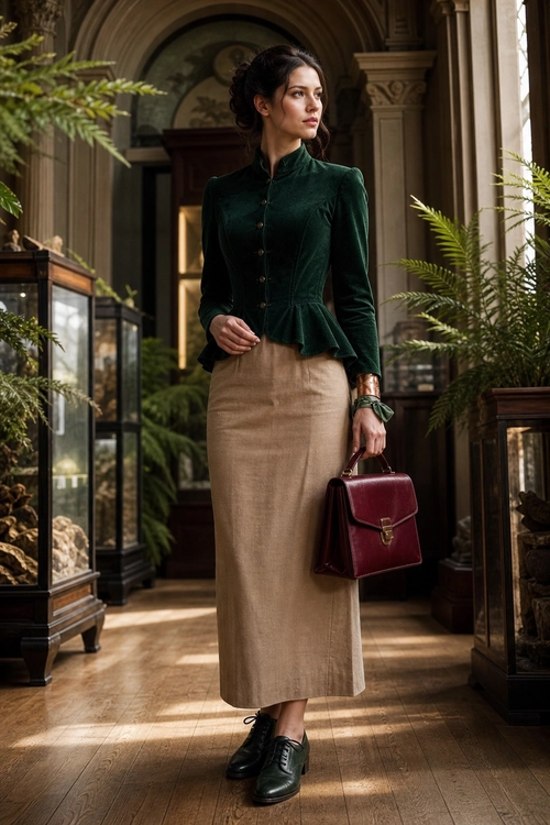 Emerald Peplum Blouse and Midi Skirt A woman wears a dark green long-sleeve peplum blouse with a beige midi skirt, dark lace-up shoes, and a burgundy handbag.