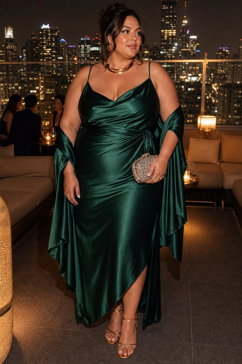 Emerald Satin Draped Evening Dress A woman wears a dark emerald satin cowl-neck dress with draped sleeves, a beaded clutch, layered gold necklace, and strappy sandals.