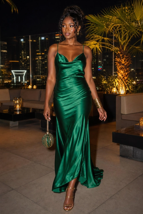 Emerald Satin Slip Gown Woman wearing an emerald green satin slip gown with gold strappy heels, cuff bracelets, and a beaded spherical clutch.