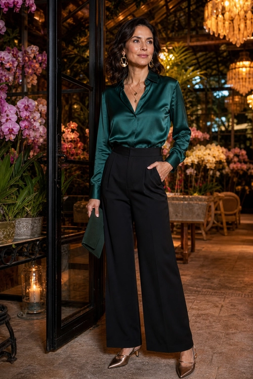 A woman wears an emerald satin blouse with black high-waisted wide-leg trousers, metallic pointed heels, and a matching green clutch.
