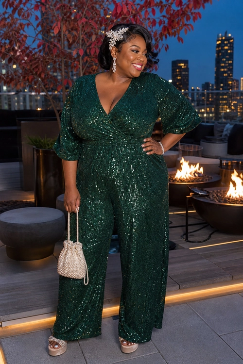 A woman wears a deep green sequin wide-leg jumpsuit with a beaded handbag, statement earrings, and metallic sandals.