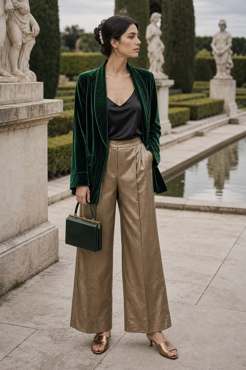 Emerald Velvet Blazer with Wide-Leg Trousers A woman wears an emerald velvet blazer over a black camisole with metallic wide-leg trousers, gold heeled sandals, and a structured dark green handbag.