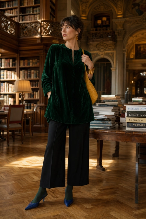 Emerald Velvet Top with Wide-Leg Trousers A woman wears a dark green velvet top with black wide-leg trousers, blue pointed shoes, and a mustard shoulder bag.