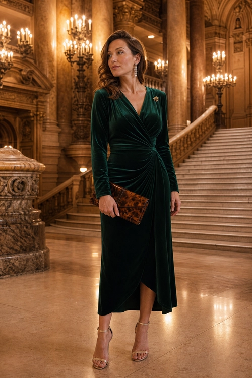 Woman wearing an emerald green velvet wrap dress with strappy heels, drop earrings, a brooch, and a brown clutch.