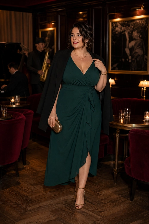 A woman wears a deep emerald wrap-style dress with a black blazer draped over her shoulders, a metallic clutch, hoop earrings, and strappy heels.