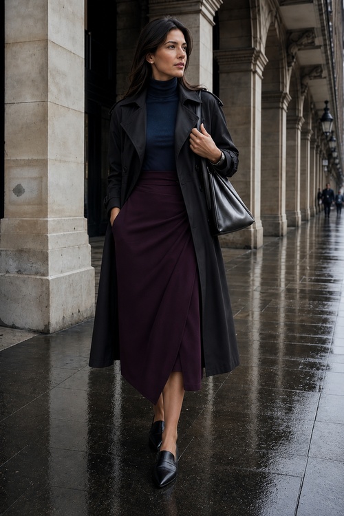 a woman wears a fall old money outfit with a black trench coat, navy turtleneck, burgundy wrap skirt, and black loafers