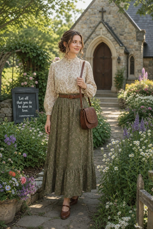 Floral Blouse and Olive Maxi Skirt A woman wears a cream floral blouse with an olive green patterned maxi skirt, brown belt, leather crossbody bag, and matching strap shoes in a flower garden.