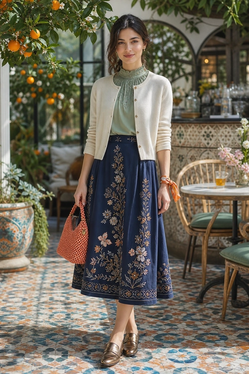 Woman wearing a cream cardigan over a sage high-neck top with a navy floral midi skirt, brown loafers, and a woven coral handbag.