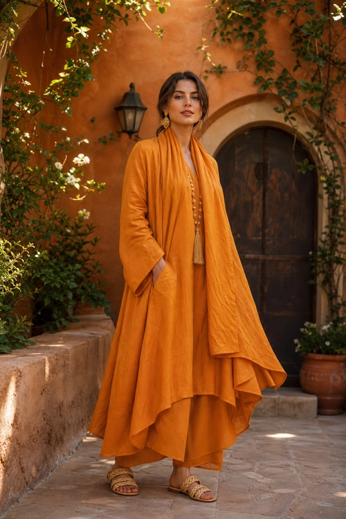 Flowing Orange Layered Outfit A woman wears a flowing orange layered outfit with draped sleeves, gold jewelry, and flat woven sandals.