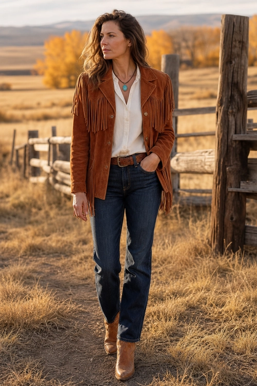 Fringed Suede Western Outfit A woman wears a brown fringed suede jacket over a white blouse with dark blue jeans, brown boots, a belt, and a turquoise pendant necklace.