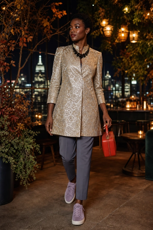 Gold Brocade Jacket with Cropped Trousers A woman wears a gold brocade jacket with gray cropped trousers, lavender sneakers, a red handbag, and a statement necklace.