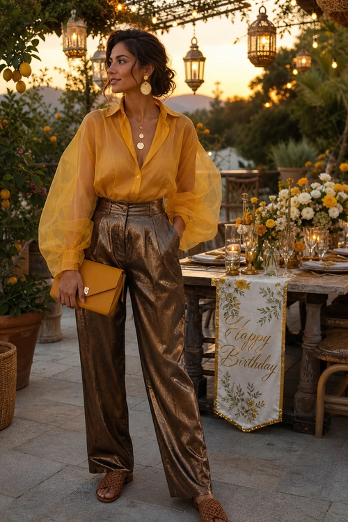 Woman wearing a sheer golden blouse with voluminous sleeves, metallic bronze wide-leg trousers, woven sandals, and a mustard clutch at an outdoor birthday table.