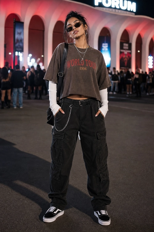 Street style outfit featuring a brown cropped graphic T-shirt layered over a white long-sleeve top, black cargo pants, sunglasses, and black sneakers.