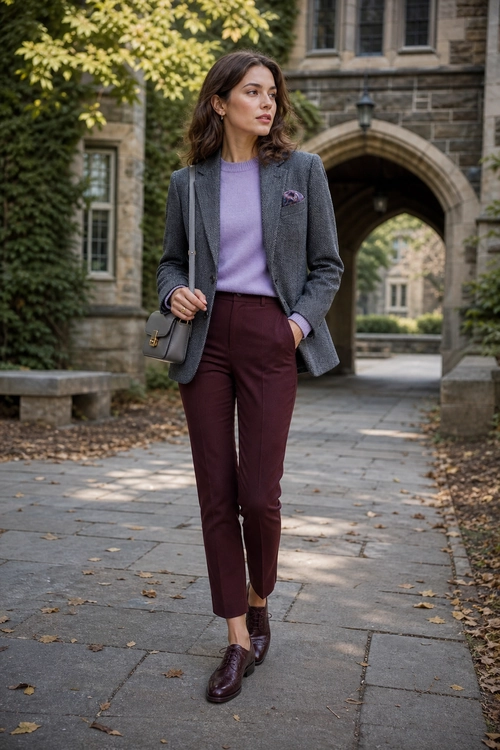 A polished outfit featuring a gray blazer, lavender knit top, burgundy trousers, matching dark loafers, and a gray handbag.