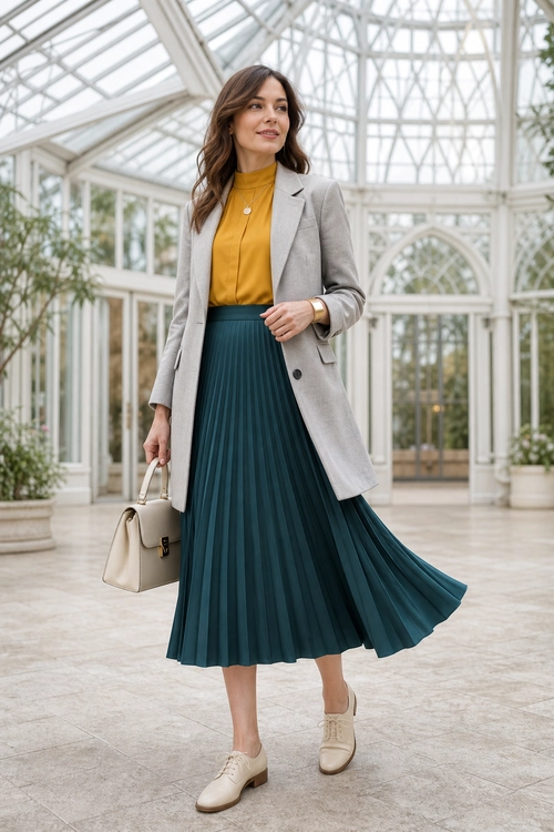 Gray Blazer and Pleated Teal Skirt A polished outfit featuring a gray blazer, mustard blouse, pleated teal midi skirt, cream loafers, and a structured beige handbag.