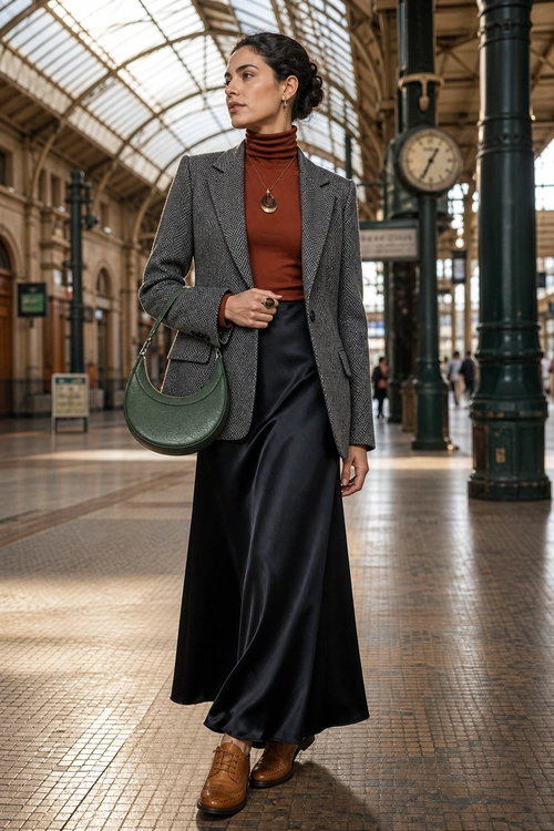 Gray Blazer and Satin Skirt Outfit A woman wears a gray herringbone blazer over a rust turtleneck with a black satin maxi skirt, brown ankle boots, a green shoulder bag, and a pendant necklace.