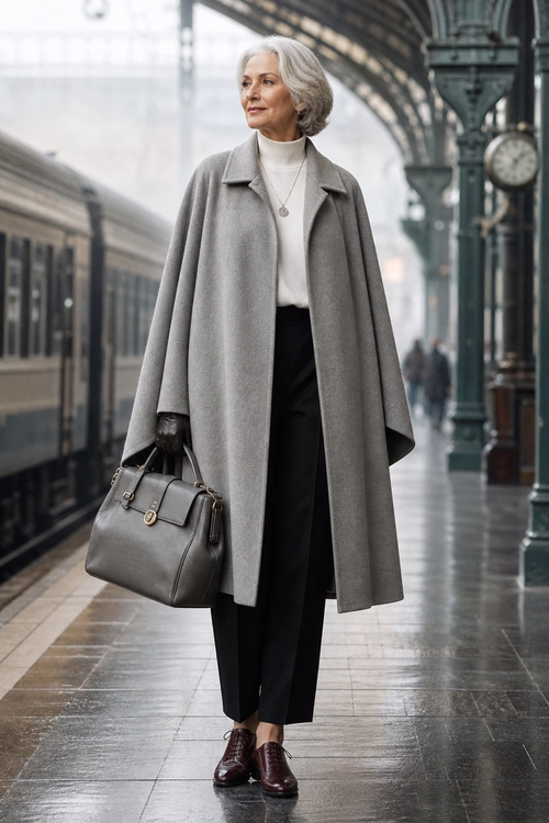 Gray Cape Coat with Black Trousers A refined outfit featuring a gray cape coat, cream turtleneck, black trousers, burgundy lace-up shoes, and a structured gray handbag.