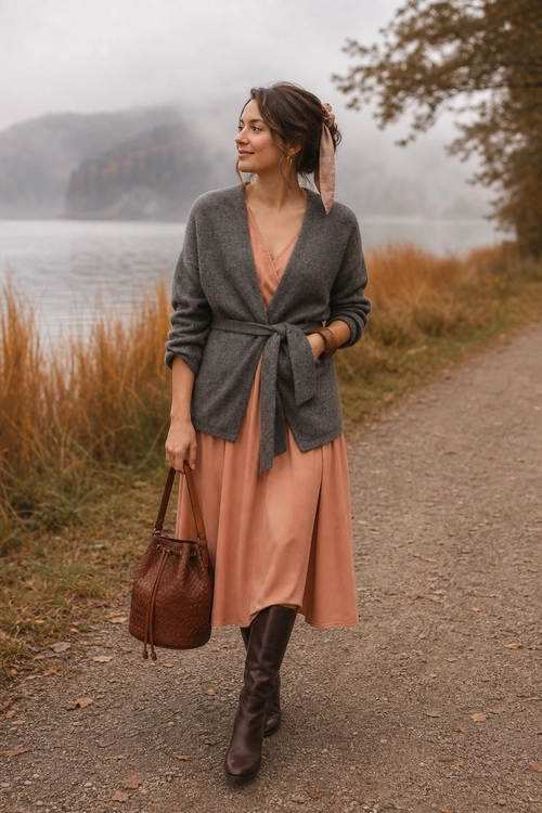 A woman wears a belted gray cardigan over a peach midi dress with tall brown boots and a textured brown bag by a lakeside path.