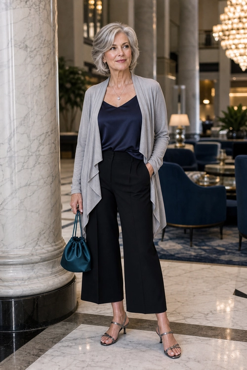 Gray Cardigan with Wide-Leg Trousers A woman wears a draped gray cardigan over a navy camisole with black cropped wide-leg trousers, strappy sandals, and a teal drawstring handbag.