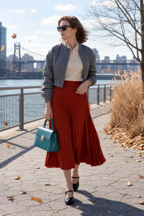 A woman wears a gray jacket, cream blouse, rust-red pleated skirt, black Mary Jane shoes, sunglasses, and carries a teal handbag by the waterfront.